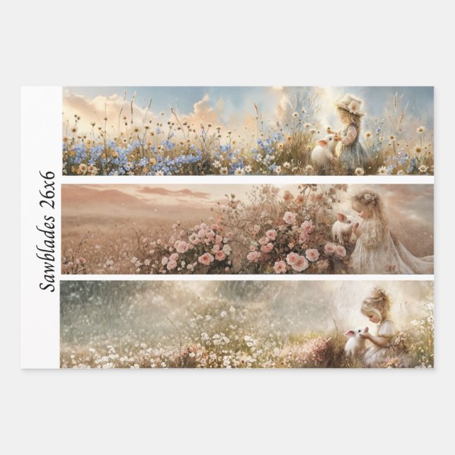 Feuille De Papier Cadeau Decoupage 3 Designs Farm Girl & Pig Handsaws (Devant)