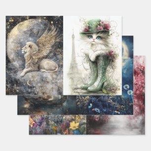 Feuille De Papier Cadeau Découpage Bouddha, Lapine, Pissenlits, Chat