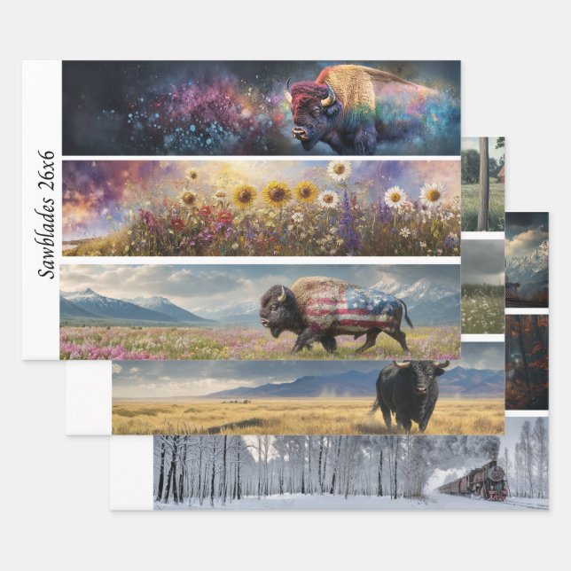 Feuille De Papier Cadeau Decoupage Cosmic Bison Wildflower Handsaw Designs  (Lot)