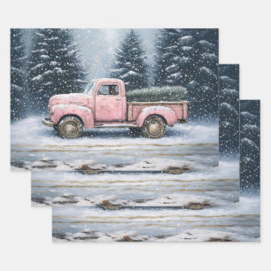 Feuille De Papier Cadeau Découpage de l'arbre de Noël du camion Vintage ros