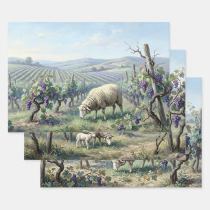 Feuille De Papier Cadeau Découpage de moutons dans le vignoble
