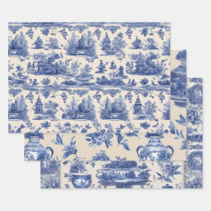 Feuille De Papier Cadeau Découpage de saule bleu Ensemble de trois