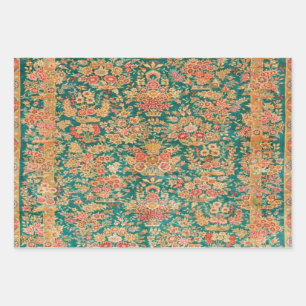 Feuille De Papier Cadeau Découpage de style turkmène fleuri d'or vert