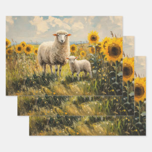 Feuille De Papier Cadeau Découpage du terrain de tournesol mouton et agneau