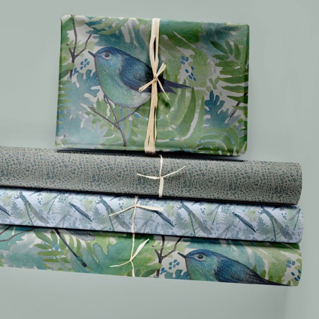 Feuille De Papier Cadeau Découpage du trio bleu floral d'oiseaux (Whimsical Watercolor Bird Ferns And Dragonflies Wrapping Paper Sheets from Studio Posies.)