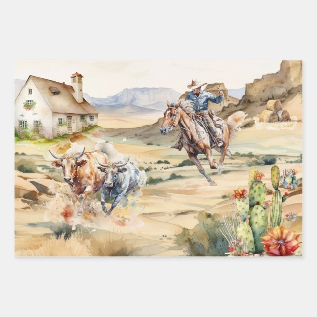 Feuille De Papier Cadeau Découpage occidental - cowboy extérieur du désert  (Devant)