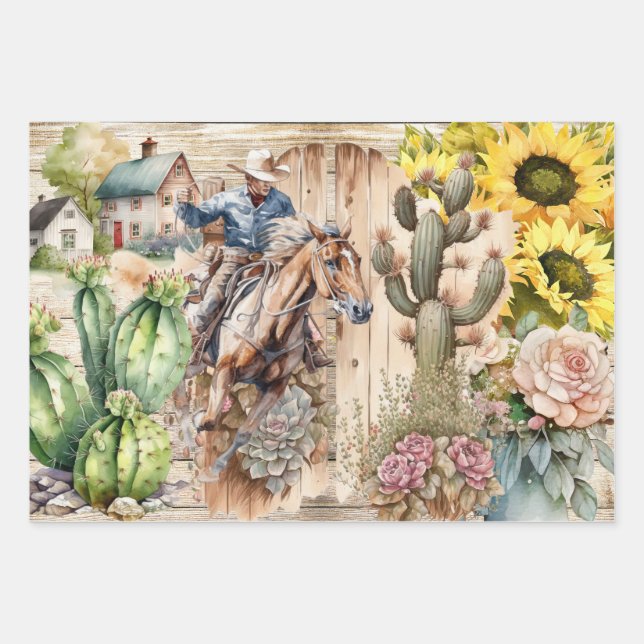 Feuille De Papier Cadeau Découpage occidental - tournesol de cowboy ranch r (Devant 3)
