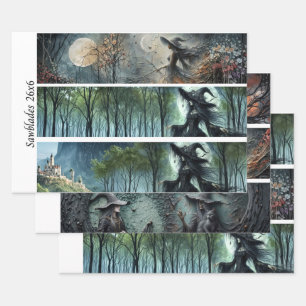 Feuille De Papier Cadeau Découpe de forêt gothique au clair de lune et scie