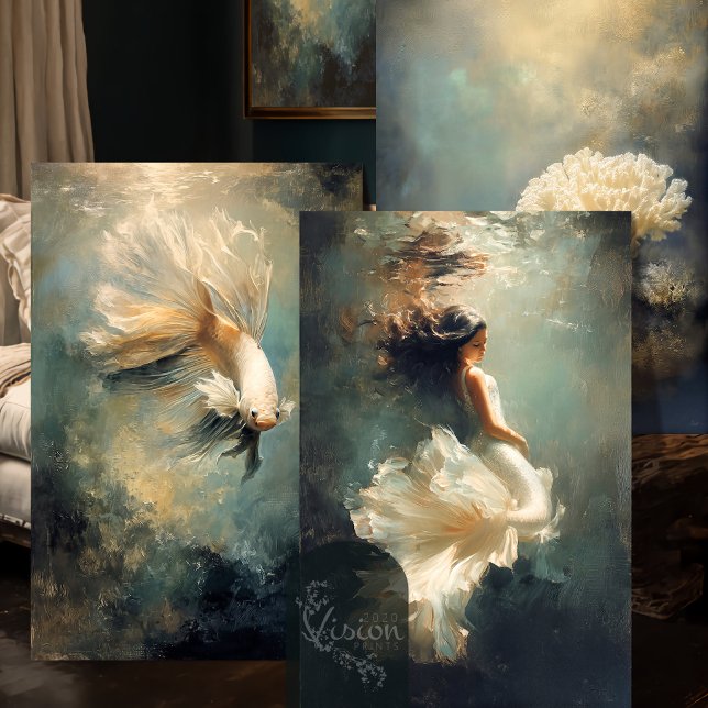 Feuille De Papier Cadeau Deep Grace Ethereal Teal Gold Underwater Trio (Three overlapping teal gold art prints leaning against dark bedroom wall)