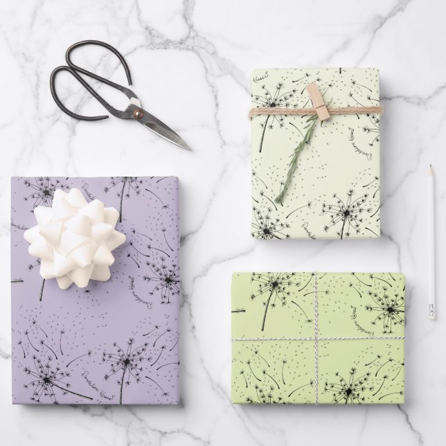 Feuille De Papier Cadeau Délicat Fleur sauvage Vert Dandelion Baisers Flora (Recto)