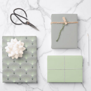 Feuille De Papier Cadeau Délicat vert et gris, art déco.