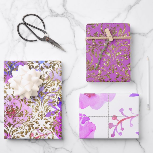 Feuille De Papier Cadeau Dentelle de dentelle damassée rose pourpre (Recto)