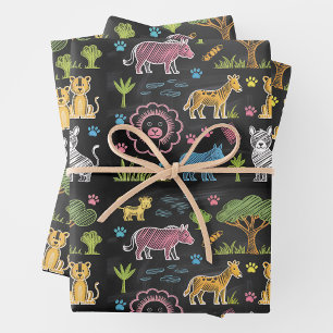 Feuille De Papier Cadeau Des animaux et des arbres colorés sont disposés 