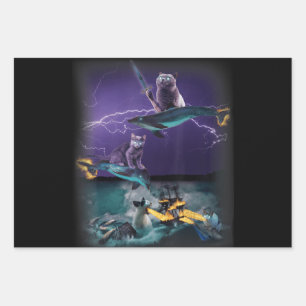 Feuille De Papier Cadeau des chats chevauchant des dauphins brûlant la mer