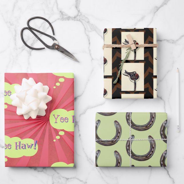 Feuille De Papier Cadeau des chaussures de cheval selles, yeehaw ! (Recto)