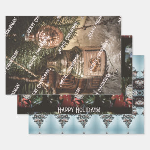 Feuille De Papier Cadeau Des ornements de Noël vintage et un sapin de Noël