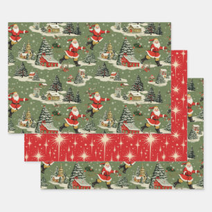 Feuille De Papier Cadeau Des Pères Noël très rétro joyeux et lumineux
