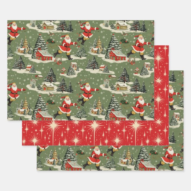 Feuille De Papier Cadeau Des Pères Noël très rétro joyeux et lumineux (Lot)