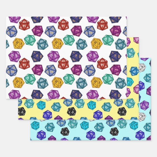 Feuille De Papier Cadeau Dés RPG D20 multicolores (Lot)