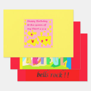Feuille De Papier Cadeau Design d'anniversaire rose et jaune avec message s