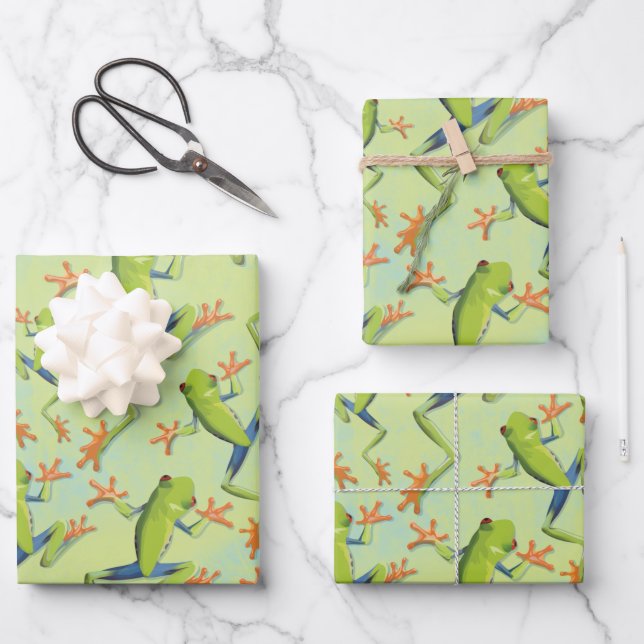 Feuille De Papier Cadeau Design Motif de grenouilles à arbre vert (Recto)