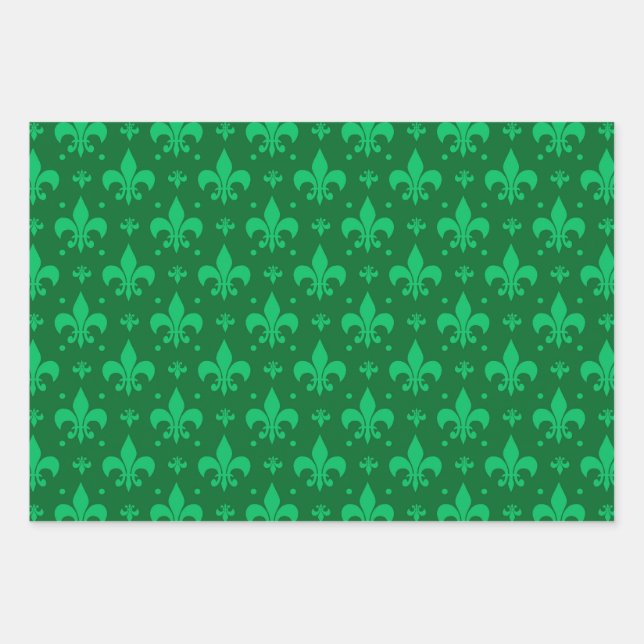 Feuille De Papier Cadeau Design Motif Fleur de lis vert (Devant)