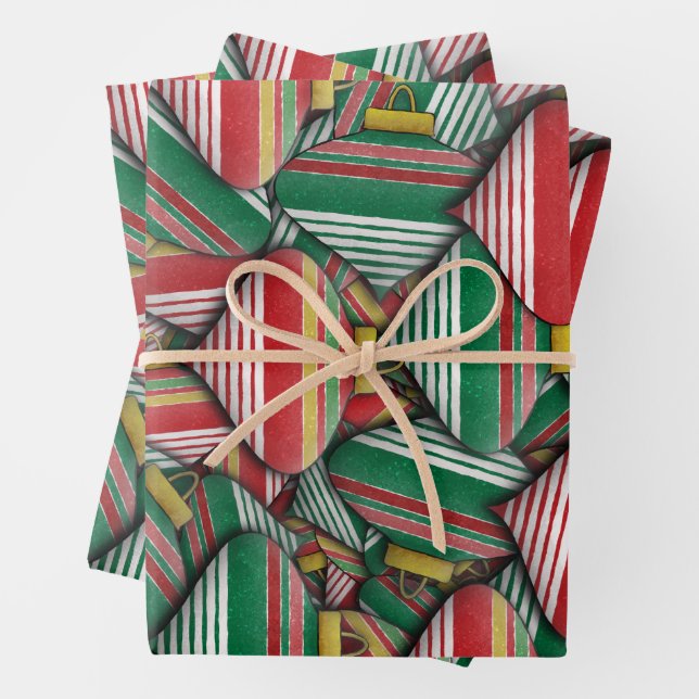 Feuille De Papier Cadeau Design Motif rétro rouge vert rayé (En situation)