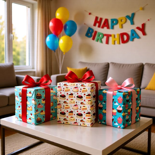 Feuille De Papier Cadeau desserts d'anniversaire ensemble de 3 (Sweet Cupcake & Cake Birthday Dessert Gift Wrapping Paper Sheets)