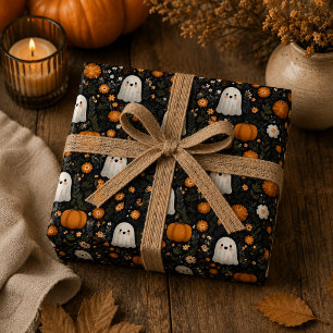 Feuille De Papier Cadeau Dessin fantaisiste de citrouilles et de fantômes m