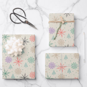 Feuille De Papier Cadeau Dessin Snowflakes Arbres de Noël Multicolor Neige