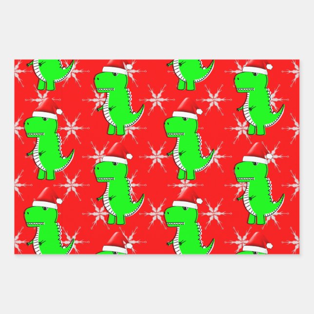 Feuille De Papier Cadeau Dessin T Rex Cute Dino Santas Casquette de Noël (Devant)