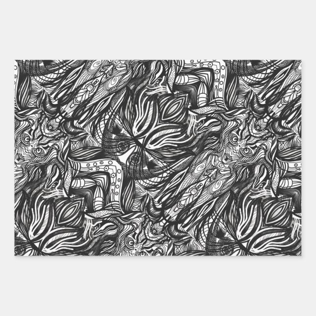 Feuille De Papier Cadeau Dessins à l'encre noire et blanche (Devant 3)