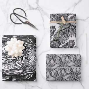 Feuille De Papier Cadeau Dessins à l'encre noire et blanche