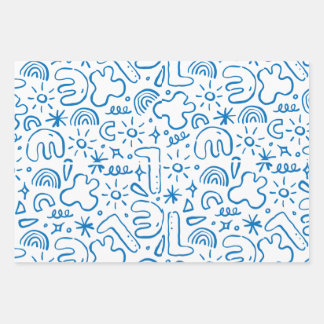 Feuille De Papier Cadeau dessins de gribouillis amusants, bleu marine, bleu