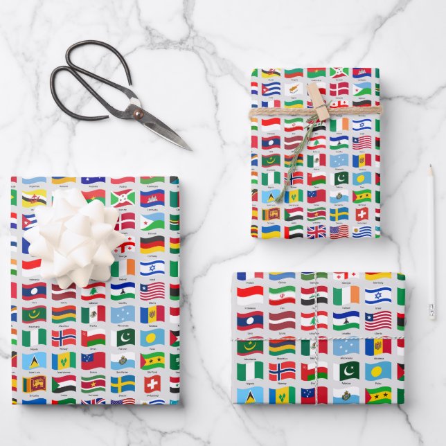 Feuille De Papier Cadeau Dessins de voyage Drapeaux du monde (Recto)