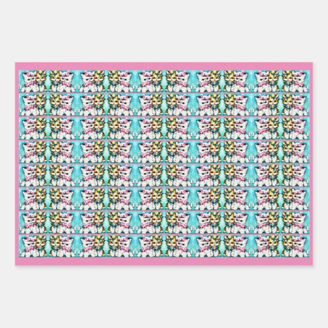 Feuille De Papier Cadeau deux chatons et beaucoup de fleurs imprimés (Devant)
