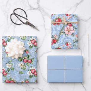 Feuille De Papier Cadeau Deux fraises et une couleur solide