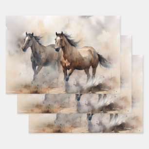 Feuille De Papier Cadeau « Deux mustangs sauvages » Aquarelle occidentale p