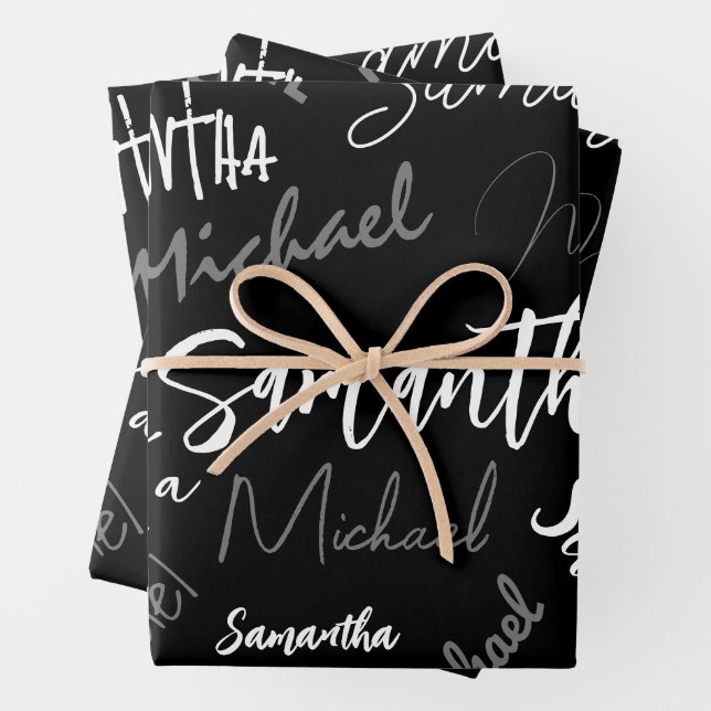 Feuille De Papier Cadeau Deux noms couple motif monogramme noir gris blanc (En situation)