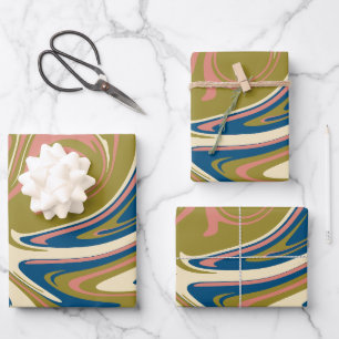 Feuille De Papier Cadeau Déversement - Bleu, Vert olive, Rose et Crème