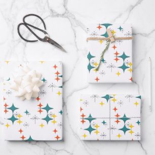 Feuille De Papier Cadeau Diamants du milieu du siècle Starbursts Turquoise 