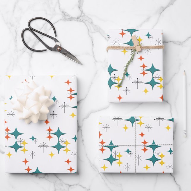 Feuille De Papier Cadeau Diamants du milieu du siècle Starbursts Turquoise  (Recto)