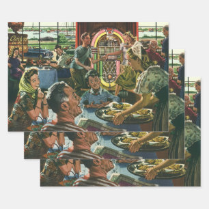 Feuille De Papier Cadeau Dîner vintage en famille à un dîner avec Jukebox