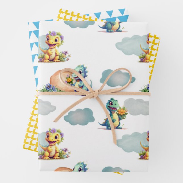 FEUILLE DE PAPIER CADEAU DINO BABY DANS LES NUAGES (En situation)