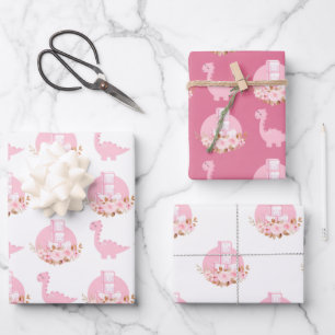 Feuille De Papier Cadeau Dinos Bébé Rose
