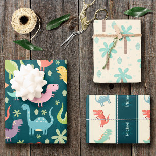 Feuille De Papier Cadeau Dinosaur Motif Blue Monogrammed Kid Boy Party