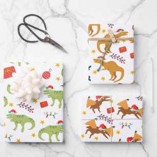 Feuille De Papier Cadeau Dinosaur Noël Motif de chapeau, blanc