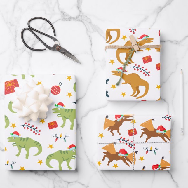 Feuille De Papier Cadeau Dinosaur Noël Motif de chapeau, blanc (Recto)