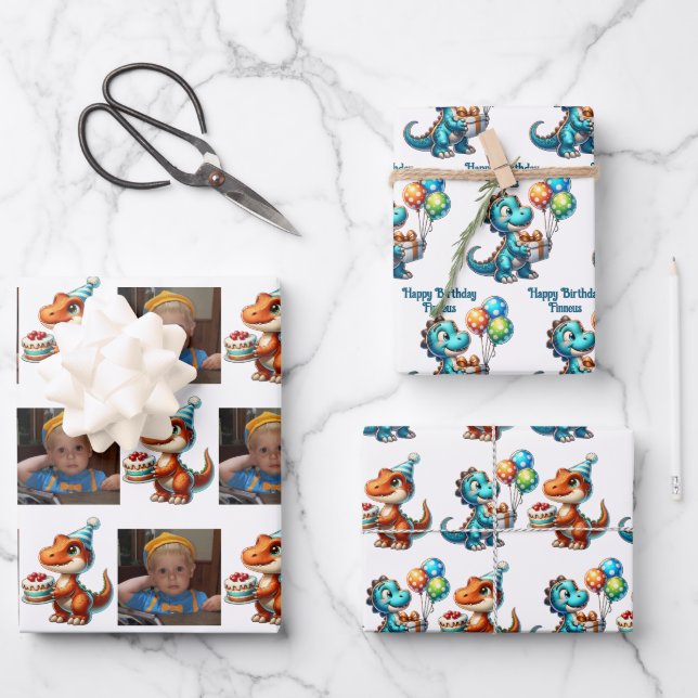 Feuille De Papier Cadeau Dinosaur T-rex thème Anniversaire personnalisé (Recto)