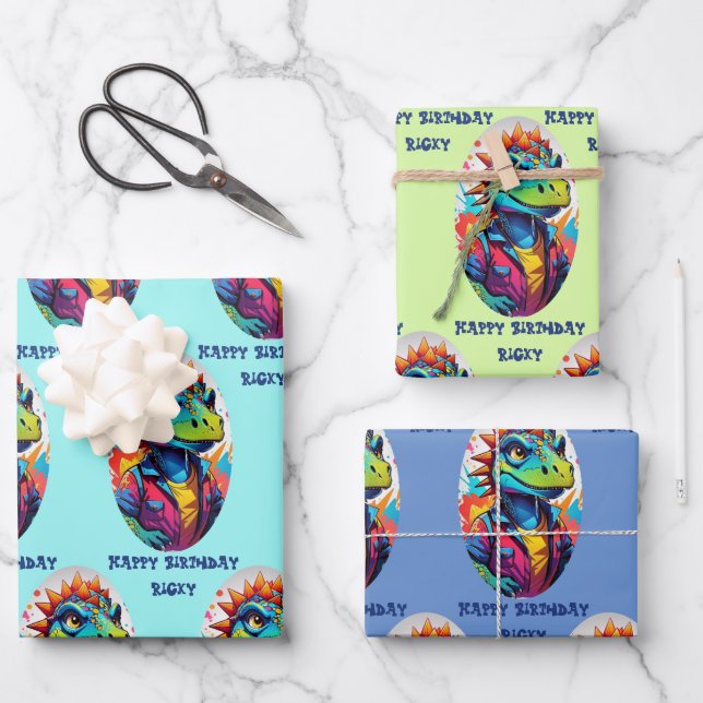 Feuille De Papier Cadeau Dinosaur Tough Kid Ajouter Nom 3 Anniversaire (Recto)